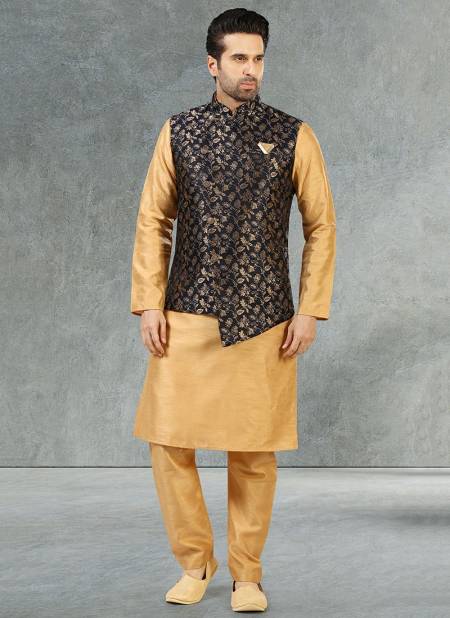 Blue Colour New Festive Wear Jacquard Banarasi Silk Digital Print Kurta Pajama With Jacket Mens Collection 1071